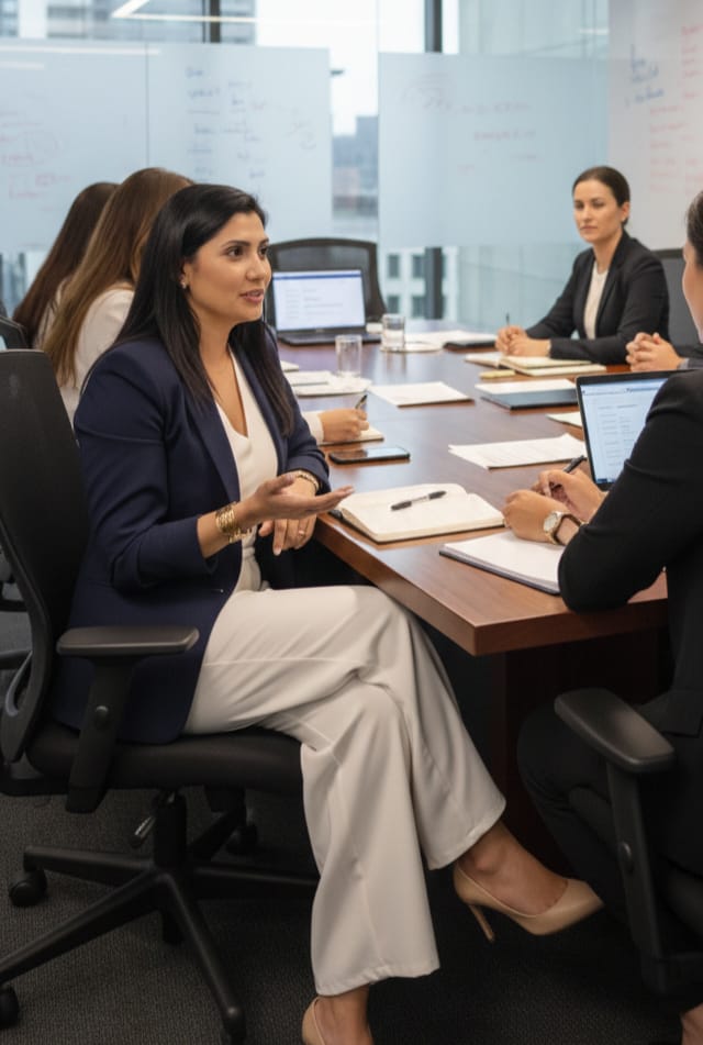 Cristiane Garcias conduzindo reunião com equipe